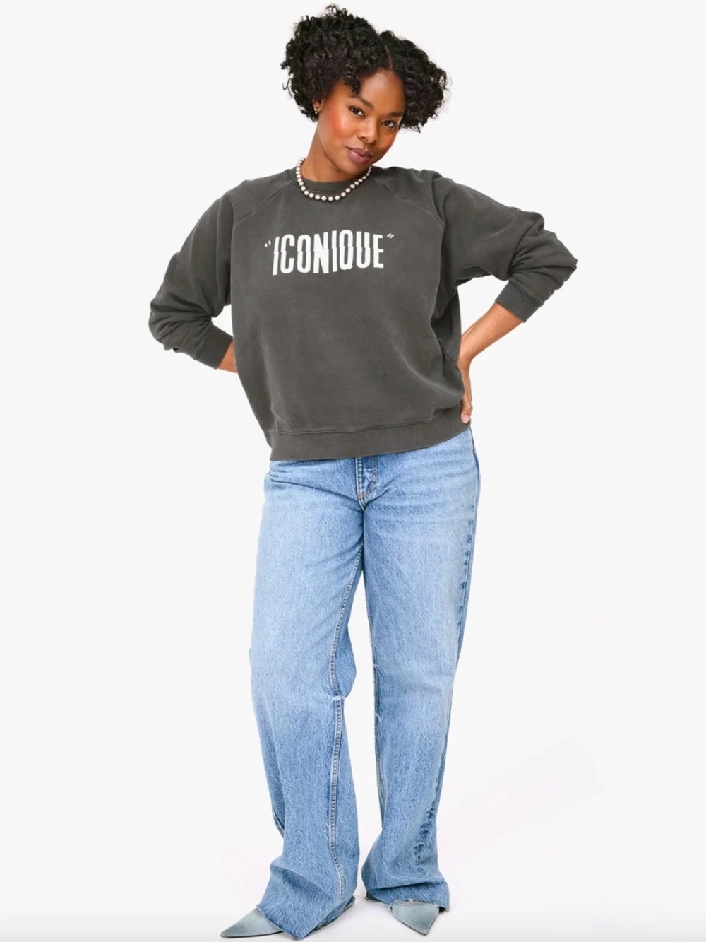 Clare V Iconique Crewneck Sweatshirt Faded Black with Cream XXL
